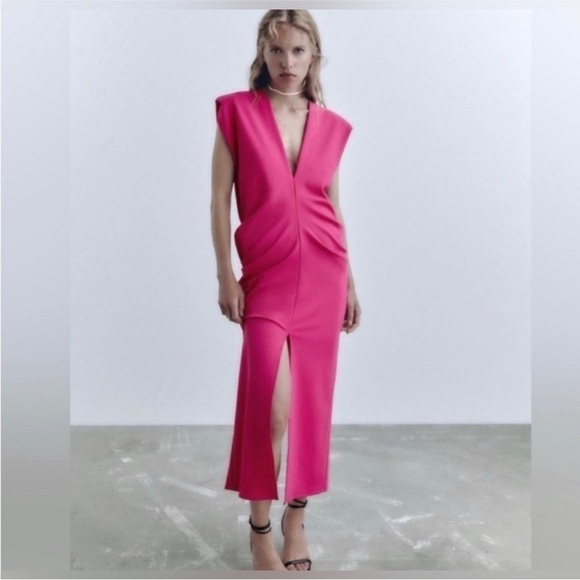 NWT Zara Ruched Pink MIDI Dress With Slits(Size Small) - Picture 3 of 5